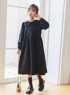 黑色翻领女童连衣裙2026秋季中大童长袖童裙简约中长收腰裙韩版
