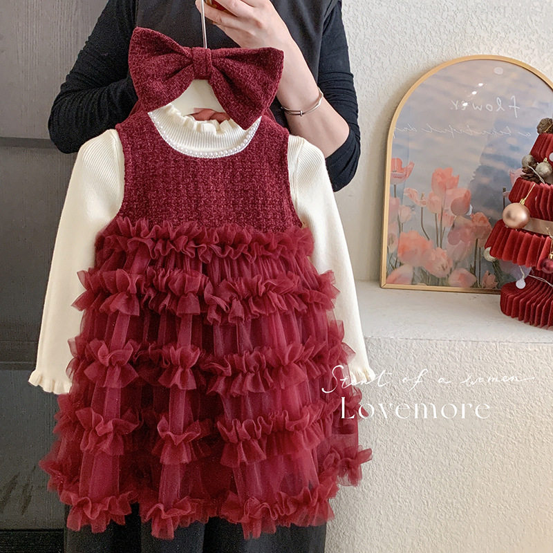 女童连衣裙2026秋新款重工tutu蛋糕裙百搭无袖背心裙针织毛衣套装