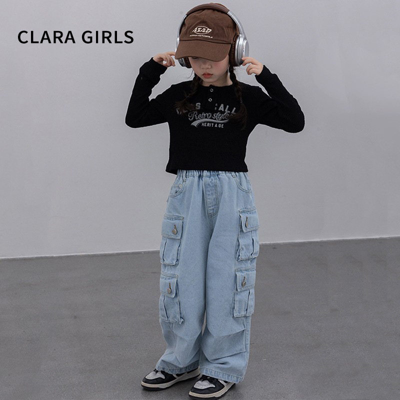 女童美式重工复古牛仔工装裤2026春款儿童多口袋阔腿直筒休闲裤子