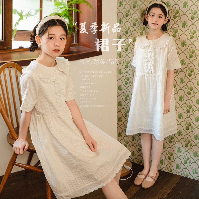 女童连衣裙夏季白色娃娃领裙子2023韩版新款中大童儿童洋气公主裙