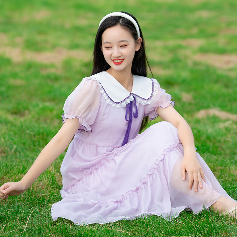 新23276初中学生连衣裙夏季2023新款高中女生夏装大童洋气雪纺少