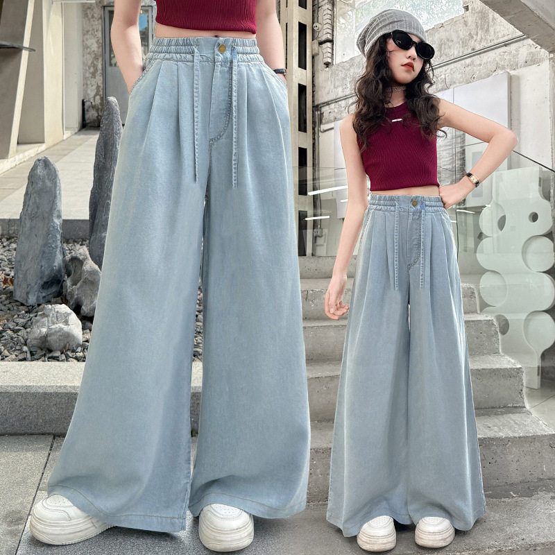 儿童夏季新款韩版超薄天丝软牛仔裤2026女童中大童宽松大裤脚裤子