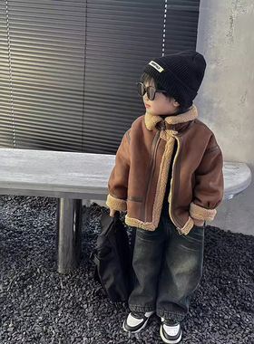 冬季男女童酷帅立领机车夹克加绒加厚儿童韩版麂皮羊羔绒一体外套