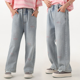 新款 女童春秋中宽松大码直筒软牛仔裤显瘦阔腿裤休闲长裤青少年