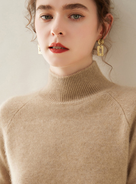 山羊绒衫女士半高领双股加厚宽松插肩打底毛衣羊毛针织衫内搭上衣