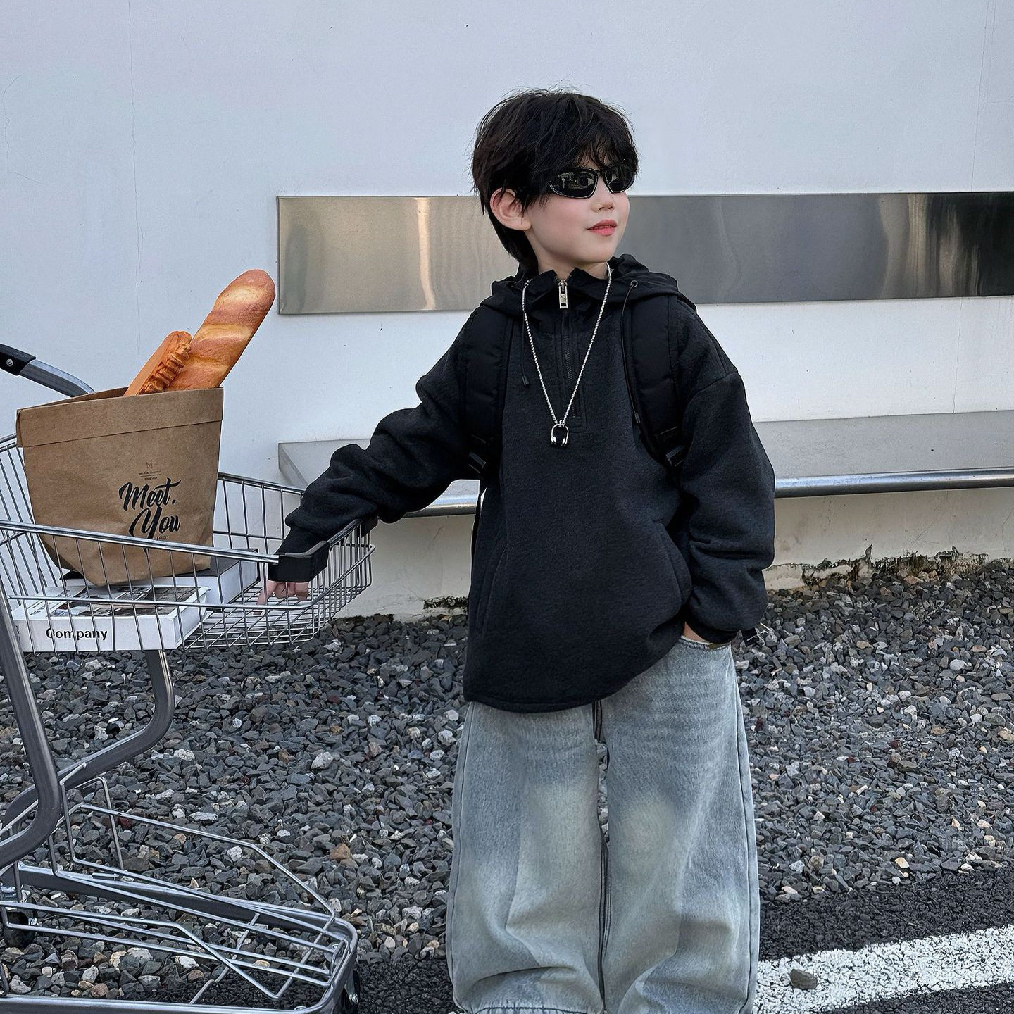 泰如2025冬季新款韩版男童宽松慵懒风连帽加绒半高领卫衣儿童上衣