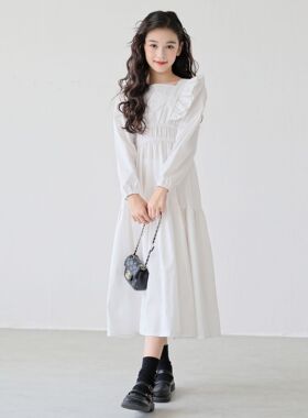 2026秋季文艺白色长袖连衣裙花边棉感收腰女童长裙中大童童裙纯色