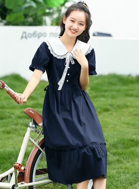 新22282连衣裙娃娃领夏季初中学生高中女生夏装长款过膝长裙