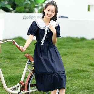 新22282连衣裙娃娃领夏季初中学生高中女生夏装长款过膝长裙