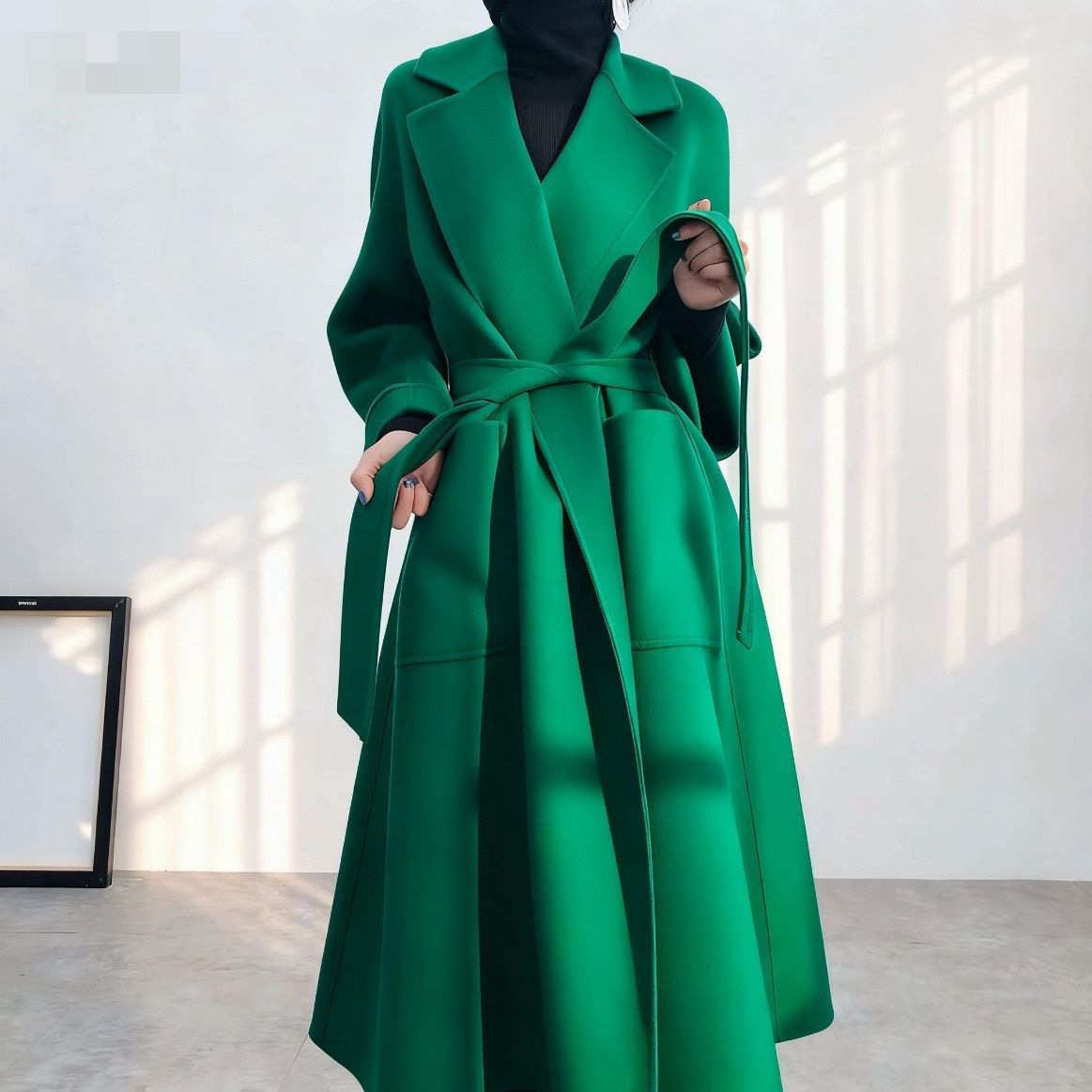 女新款宽松双面秋冬毛呢外套同款中长款大衣雪尼尔氨纶西装领