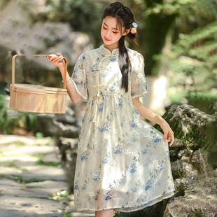 新款7020少女连衣裙夏季初中学生大童复古民国风中式旗袍改良汉服