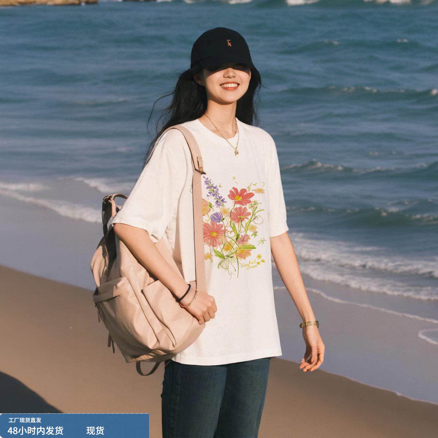 宽松版T恤女款2026新款爆款夏季白色纯棉重磅半袖设计感小众上衣 - 实物图