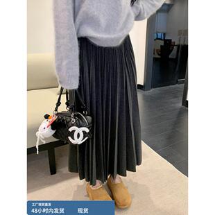 miu系高腰a字针织半身裙女2025新款秋冬覆古加厚jk百褶裙长款裙子