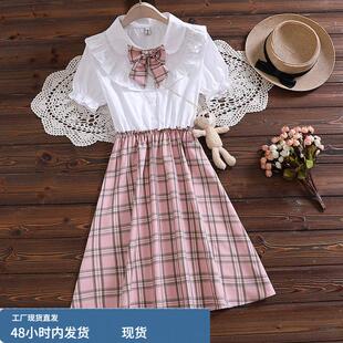 夏季甜美少女初中生高中生学院风短袖收腰显瘦格子连身裙女中学生