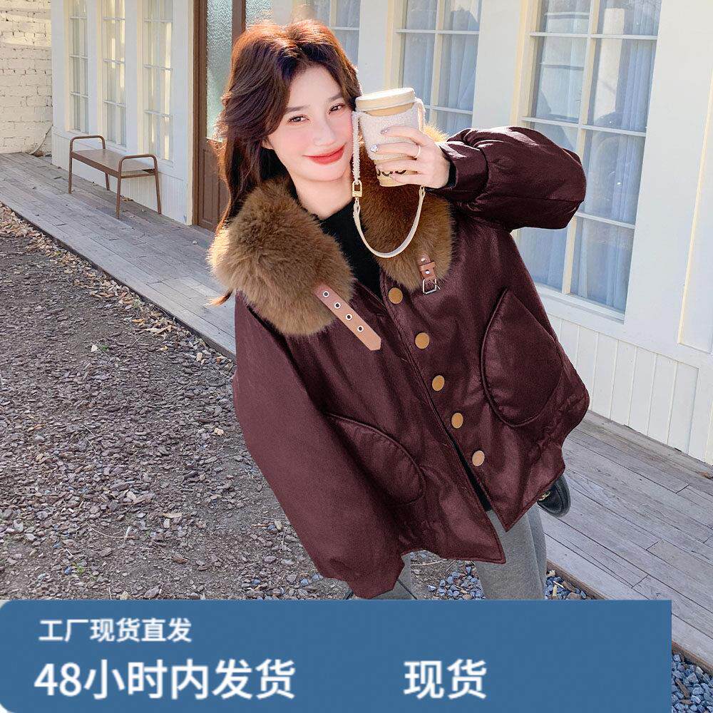 大毛领酒红色皮毛一体羊羔毛厚外套女秋冬超好看酷飒加绒机车棉服