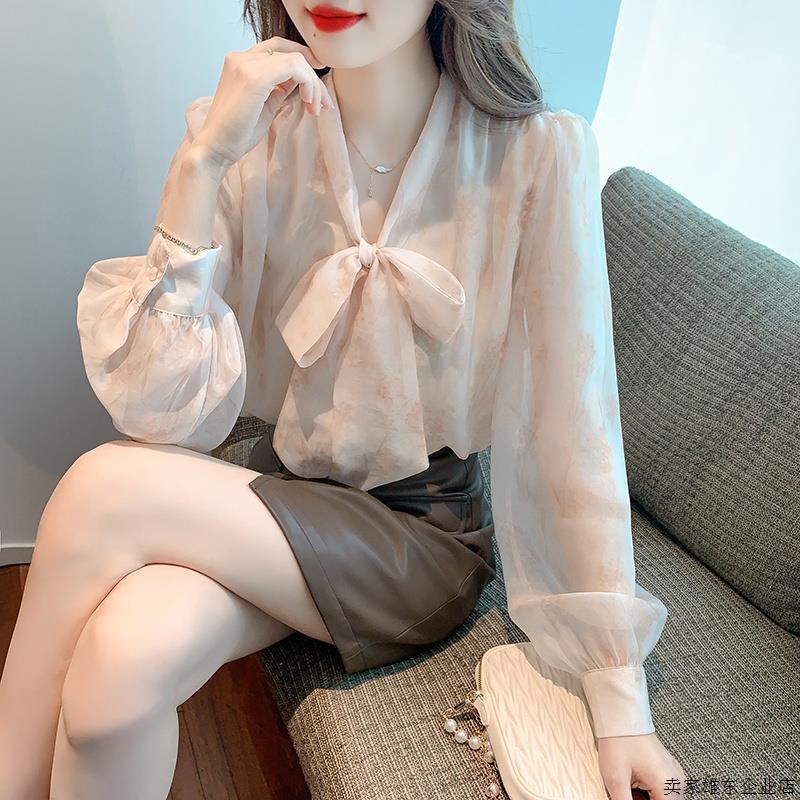 蝴蝶结雪纺衬衫春秋上衣女新款法式别致甜美温柔气质长袖打底衫潮