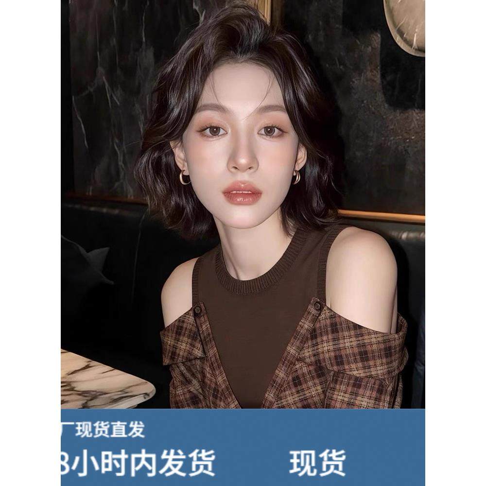 韩系小个子假两件长袖格子衬衫女早秋设计感覆古打底显瘦露肩上衣,女士内衣/男士内衣/家居服,睡衣上装,淘宝优惠券,粉丝福利购,淘宝优惠卷
