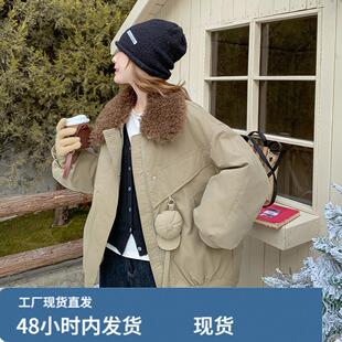 羊羔毛领卡其色派克羽绒服女冬超好看高级感加绒加厚工装短款外套