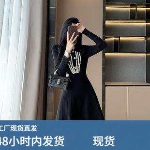 春秋小香风polo领长袖针织连衣裙收腰蓬蓬A字裙打底毛衣裙小黑裙