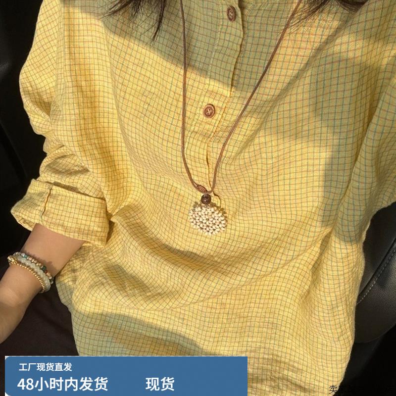 2025早秋新款时尚上衣独特超好看单穿法式气质黄色格子长袖衬衫女