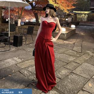 酷飒拽姐一整套穿搭性感辣妹复古红色抹胸上衣裤子两件套装2026春