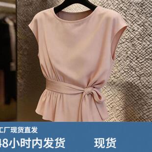 2026夏季时尚系带收腰短袖上衣女大尺码不规则下摆休闲粉色内搭