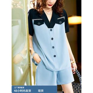 加码女装2025夏季新时尚拼接热砖上衣微胖姐妹风格短裤两件套
