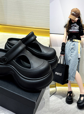 日本进口包头半拖鞋女夏外出新款防滑厚底不累脚黑色时尚手术室凉