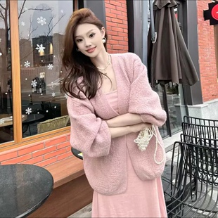 【2025年新款树皮纹工艺】泡泡袖短款外套春秋季慵懒风针织开衫