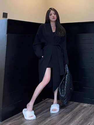 黑色系带浴袍针织衫开衫中长款春季新款慵懒风宽松外搭毛衣外套女