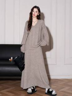 韩系休闲针织套装 V领慵懒风毛衣高腰气质长裙宽松两件套 裙女秋季