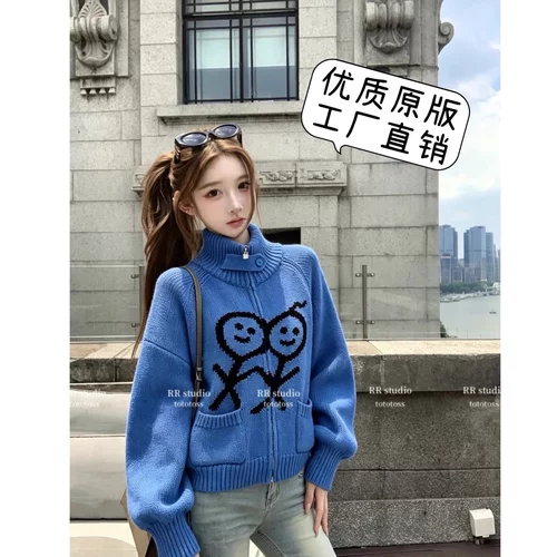 正确版 Urban 26fw火柴人刺绣logo针织开衫韩系高领毛衣拉链外套