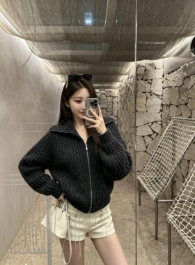 韩丝娜 le*re深灰粗棒针立领毛衣开衫上衣外套女秋冬 超厚实一件