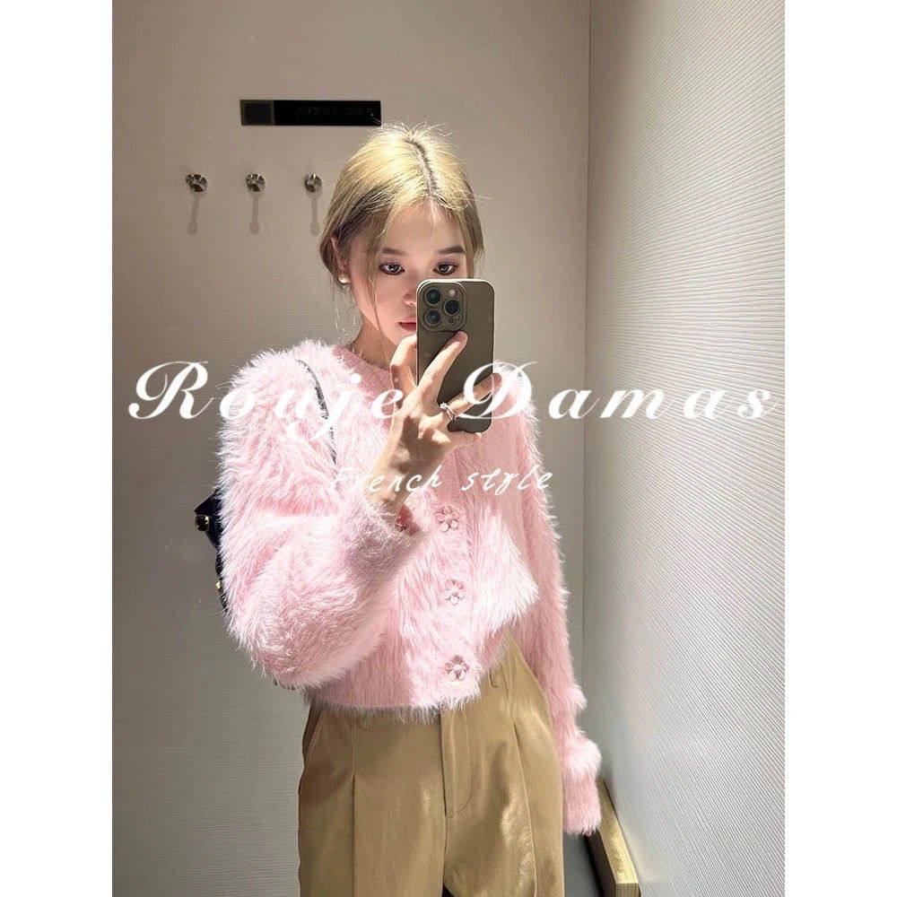 法式高级感时尚花朵纽扣毛衣女2025新款时尚休闲粉色针织短款上衣,女装/女士精品,毛衣,淘宝优惠券,粉丝福利购,淘宝优惠卷