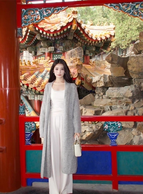 张贝贝ibell绵羊毛慵懒风中长款针织开衫女法式宽松气质外套秋季