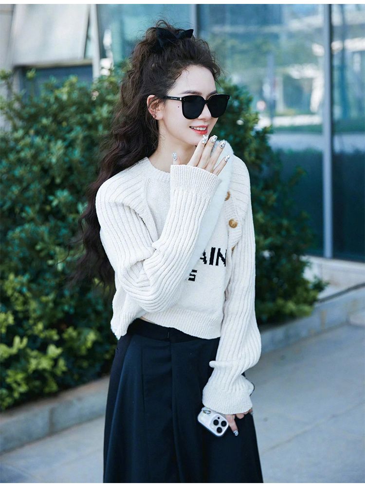 戚薇同款衣服字母印花短款上衣撞色针织衫宽松套头毛衣女小众秋冬