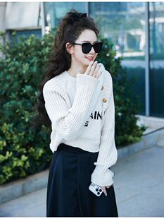 戚薇同款衣服字母印花短款上衣撞色针织衫宽松套头毛衣女小众秋冬