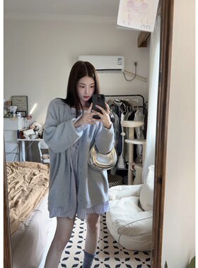 韩丝娜毛绒绒仿水貂毛蓝色毛衣开衫春冬甜美小个子软糯针织外套女
