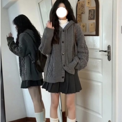 麻花灰色连帽毛衣外套开衫女秋冬新款宽松加厚慵懒风针织衫上衣潮