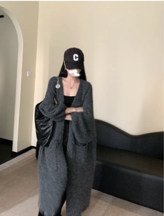 灯笼袖气质简约慵懒风厚款休闲过膝长款针织衫开衫毛衣大版外套女