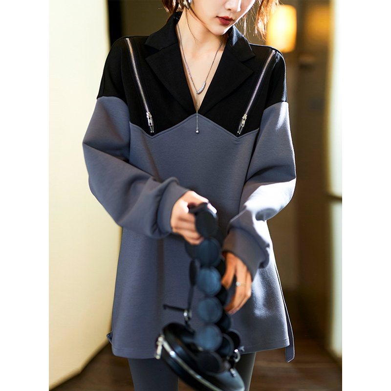 素木气质拼接撞色卫衣女秋季2023年新款休闲上衣欧货大码胖mm女装