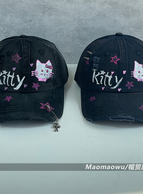 暗黑Kitty猫破洞手绘棒球帽女