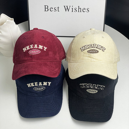 2025秋冬新款字母刺绣棒球帽时尚百搭灯芯绒复古女鸭舌帽子男网红