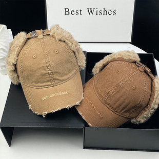 冬天字母刺绣韩版 毛绒护耳棒球帽男女秋冬保暖鸭舌帽复古潮帽帽子