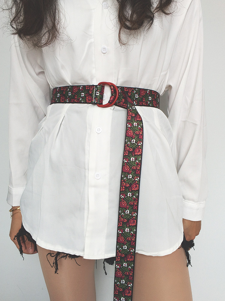 双环扣帆布腰带女甜美印花朵连衣裙装饰外搭衣服简约个性百搭腰带