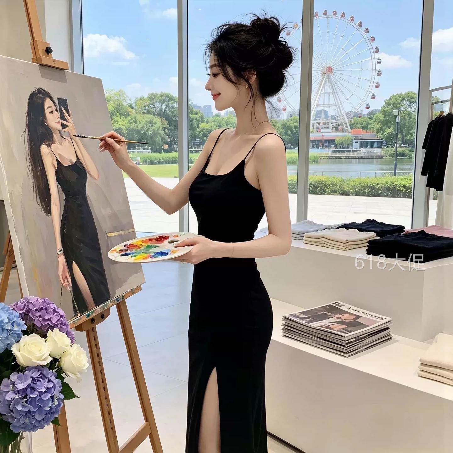 夏季ins超火御姐纯欲风性感长裙细肩带辣妹开叉吊带长款连衣裙