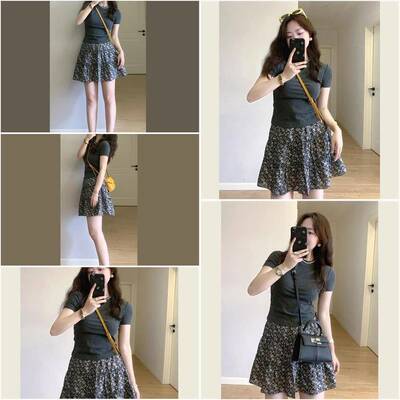 夏季减龄时尚穿搭一整套女纯色圆领修身T恤碎花蛋糕半身裙两件套