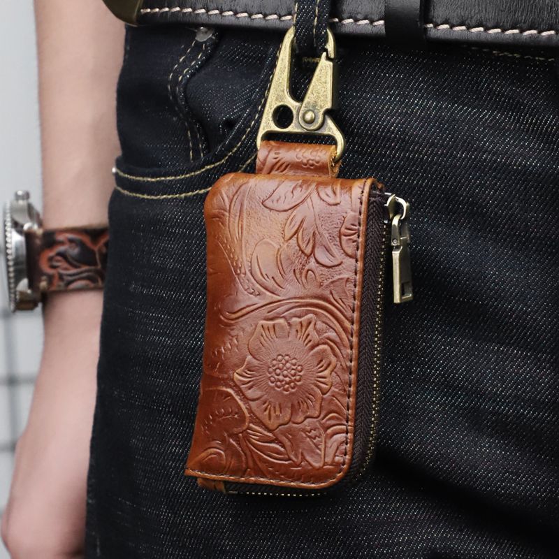头层唐草牛皮钥匙包男士复古真皮汽车钥匙扣迷你腰挂零钱收纳包潮