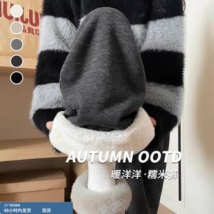 灰色糯米裤女时尚潮冬季超火的加绒裤子慵懒垂感加厚羊羔绒阔腿裤