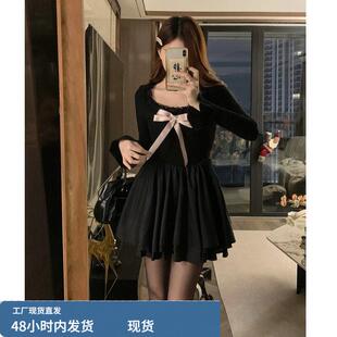 大尺码法式减龄蝴蝶结长袖洋装女秋冬赫本风气质蓬蓬A字礼服短裙